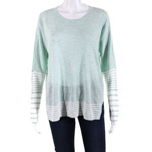 Birch Womens Striped Crew Neck Boxy Sweater Mint Green White Size Small